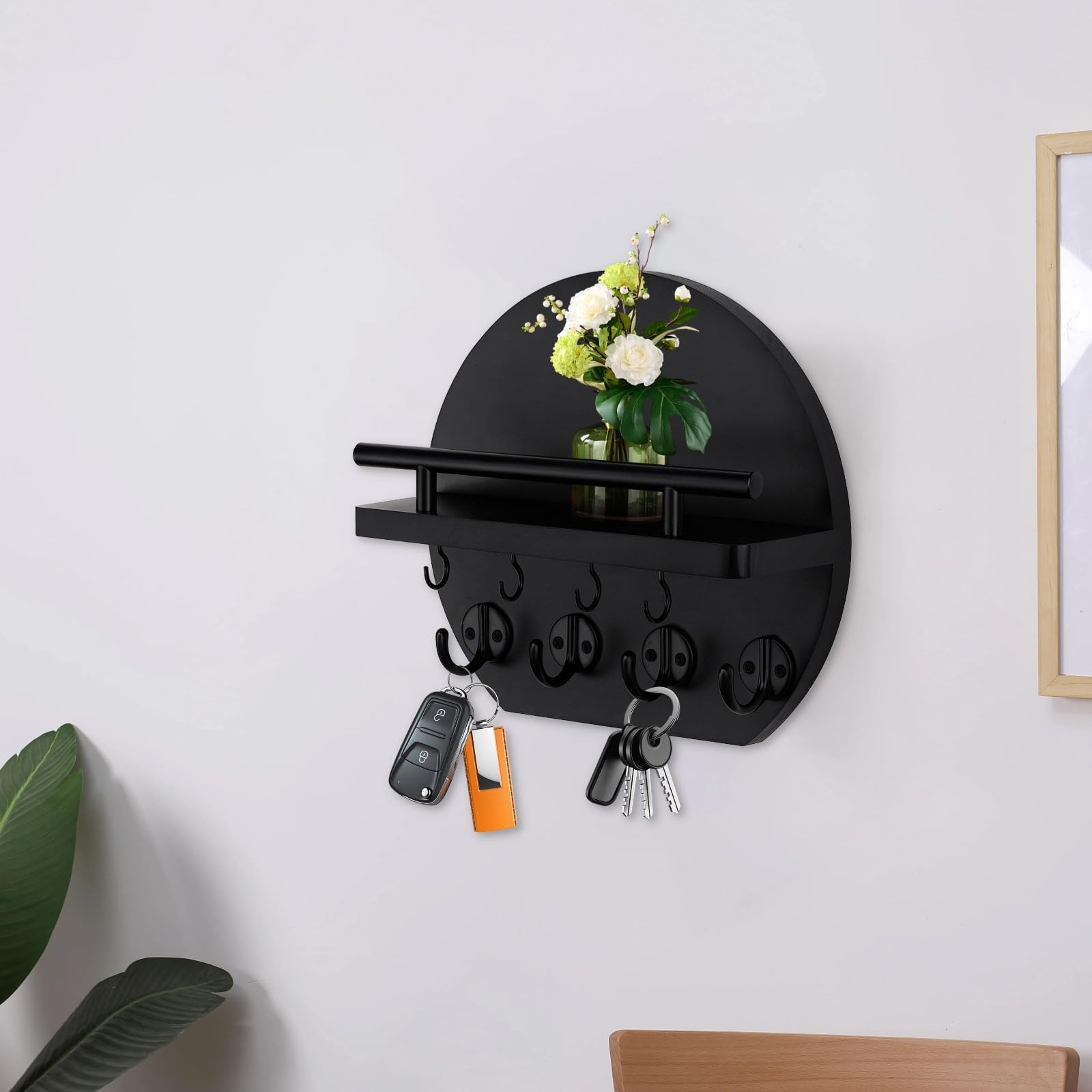 Halbrunder Schlüsselhalter zur Wandmontage, Holz Schwarz Schlüsselhaken mit Ablage, Platzsparende Schlüsselaufbewahrung für die Wand, Modernes Design Schlüsselhalter mit 8 Metallhaken