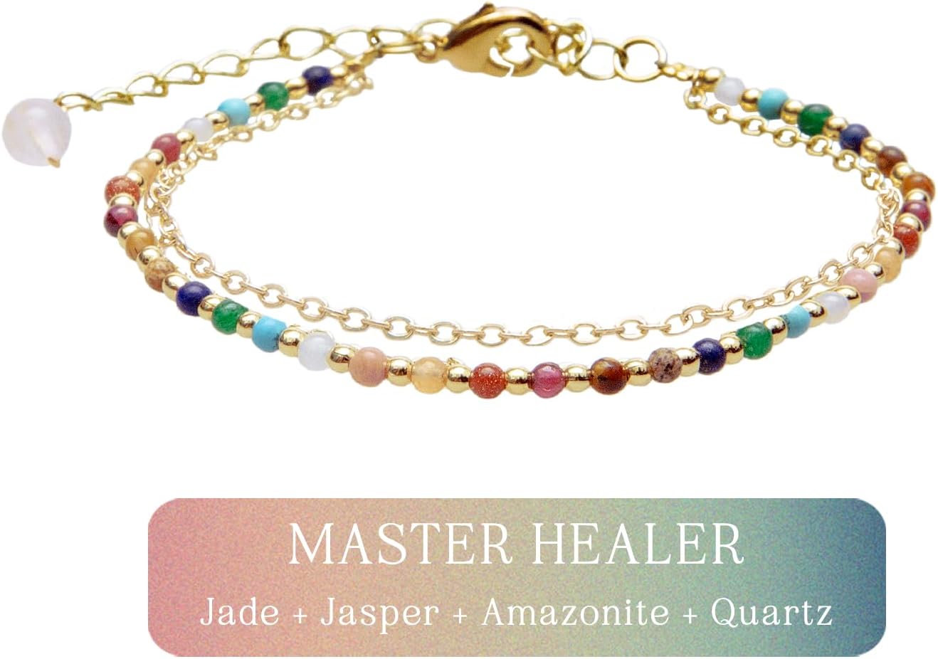 Lotus and Luna 2MM Master Healer Energy Chakra Healing Dainty Layered Bracelet with Real Stones Jade, Pearl, Rose Quartz, Amethyst, Moonstone - Image 4