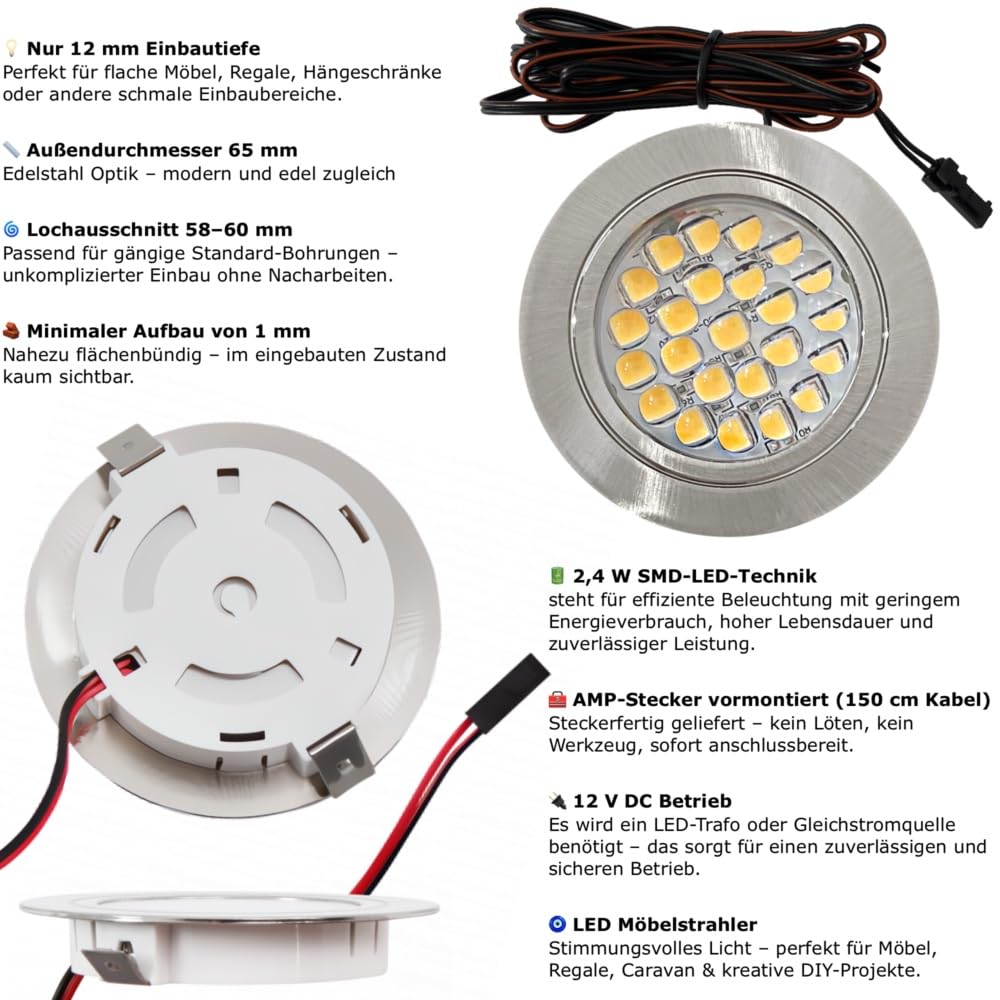 12V Möbeleinbauleuchte LED flach 5 x 2,4W Einbaustrahler Leonie inkl. Kabel mit Mini Stecker 3000K Neutralweiß Lochausschnitt: 58 bis 60mm