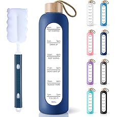 purifyou 40/32/22/12 oz Glass Water Bottles, Reusable with Time & Volume Markings, Non-Slip Silicone Sleeve, Stainless Steel Lid, for Water, Milk & Juice (32oz OceanMist)