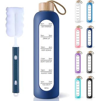 purifyou 40/32/22/12 oz Glass Water Bottles, Reusable with Time & Volume Markings, Non-Slip Silicone Sleeve, Stainless Steel Lid, for Water, Milk & Juice (32oz OceanMist)