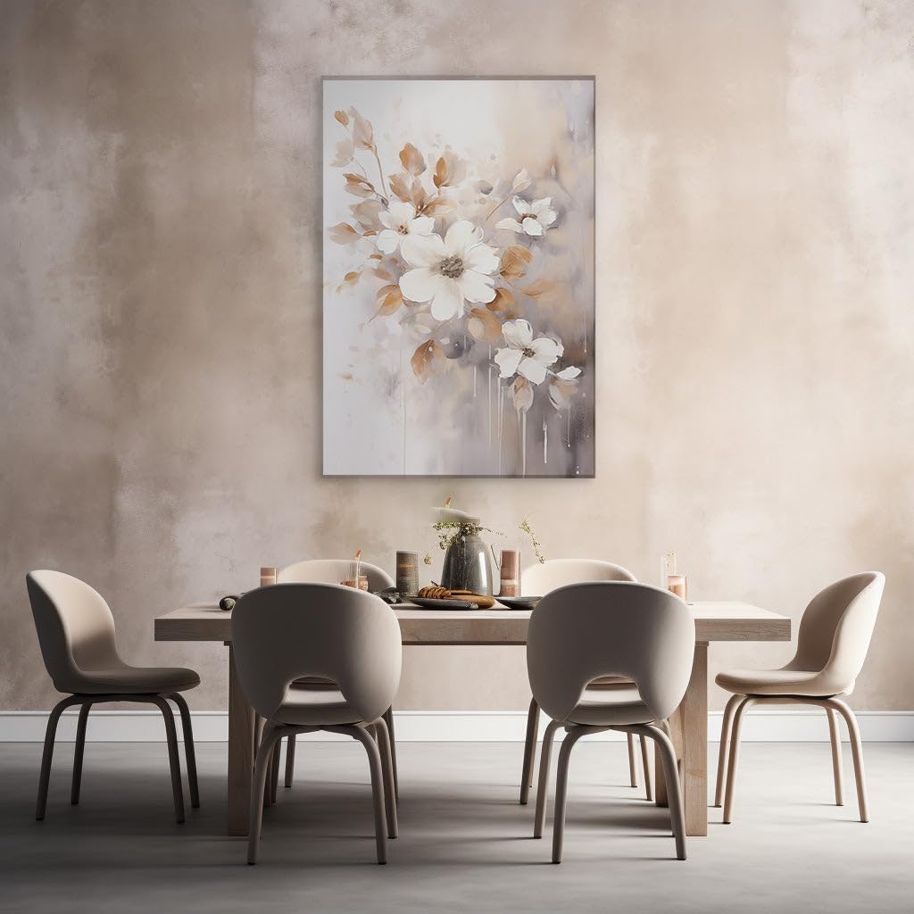 Canvas for Living Room. Whispers of Nature: an Abstract Exploration Through White Blooms and Earthy Tones, 27 x 18 inch Canvas Wall Art - Contemporary Masterpieces - Modern Home Decor