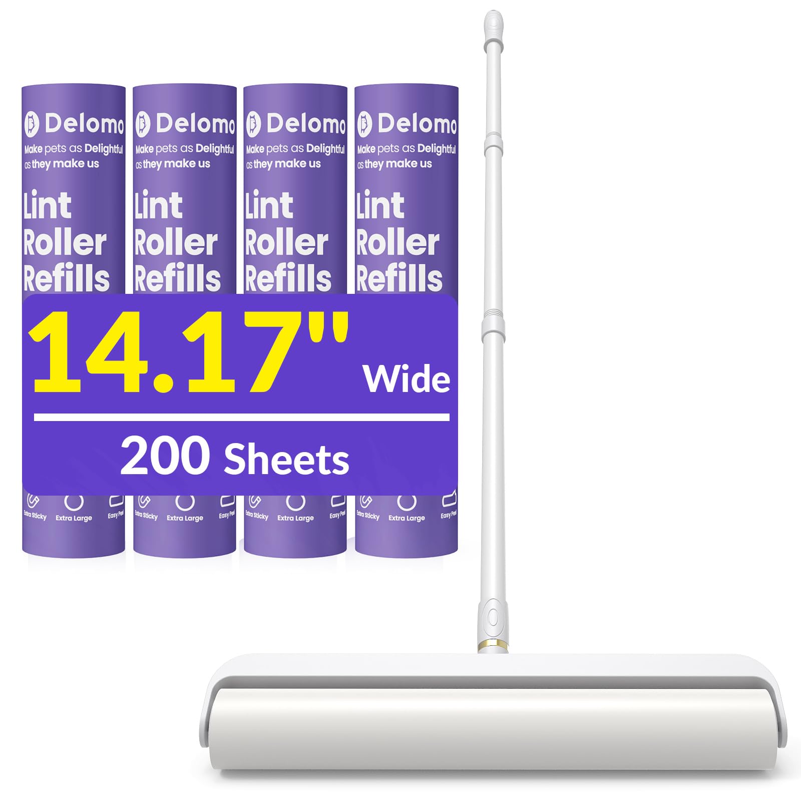 14.17" Extra Large Lint Rollers for Pet Hair, DELOMO Sticky Rollers for Floor with 3 Extendable Handle & 4 Refills (200 Sheets), Long Handle Sticky Mop for Cleaning Carpets, Couch, Furniture, Cars