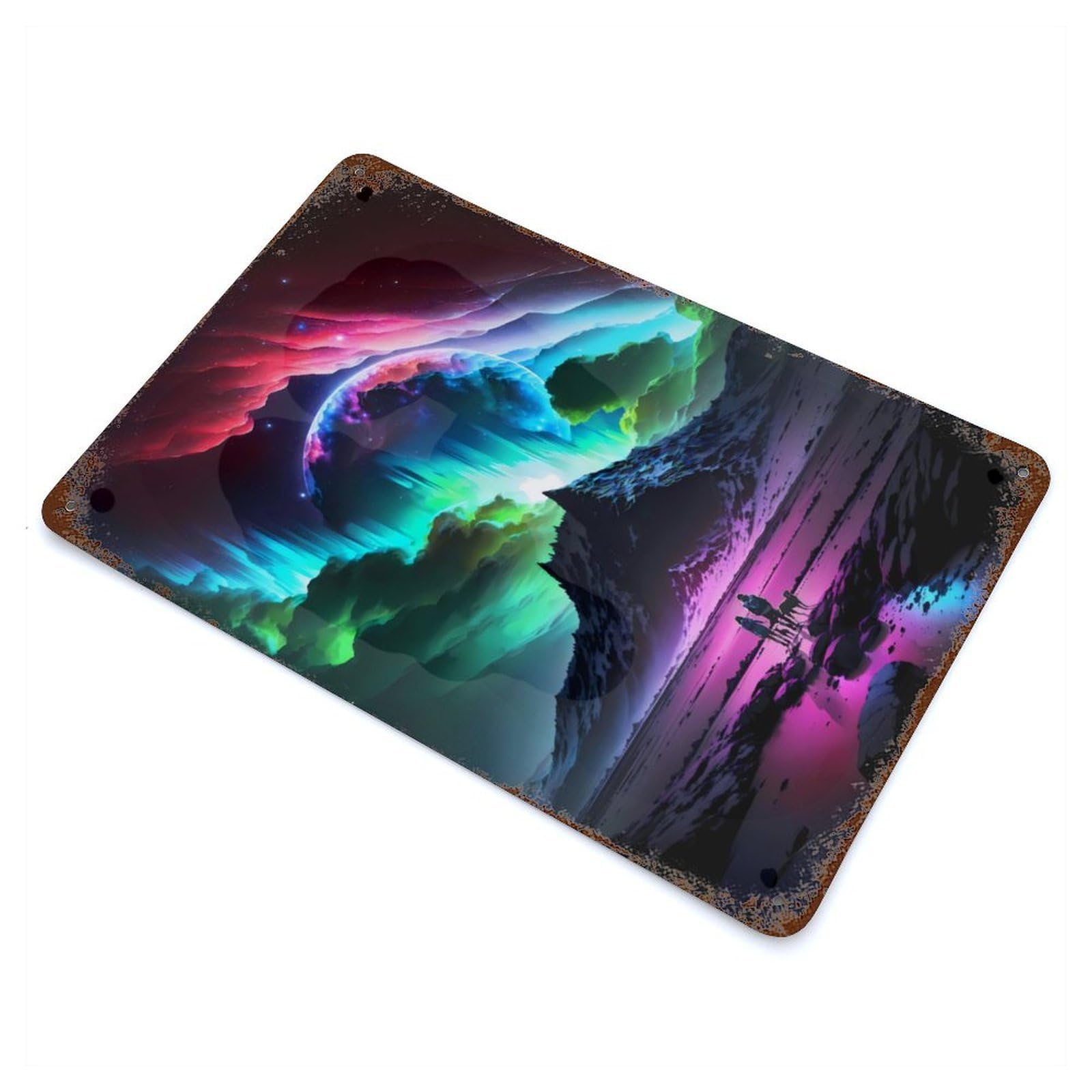Cosmic Aurora Landscape 11.8"x7.9" Rustic Tin Plaque, Novelty Wall Decor for Living Room, Hallway And Home Decor