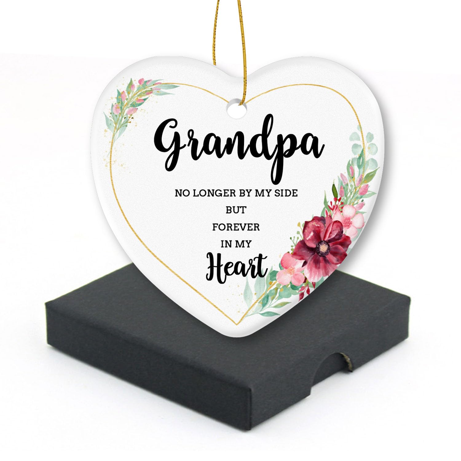 Christmas Ornament Sympathy Gift for Grandpa No Longer by My Side But Forever in My Heart Christmas Tree Ornament Holidays Present 3inch Heart-Shaped Ceramic Ornament Ornament Xmas Present Gift Box