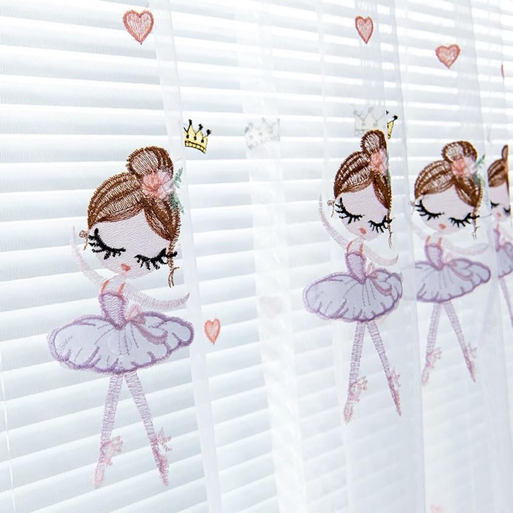 Kinderzimmer Gardinen Transparent Rosa Ballerina Mädchen Krone Herzen mit Ösen Voile Vorhang Durchsichtig Kinder Baby Ösenschal Fenstervorhang 2er Pack 140x175