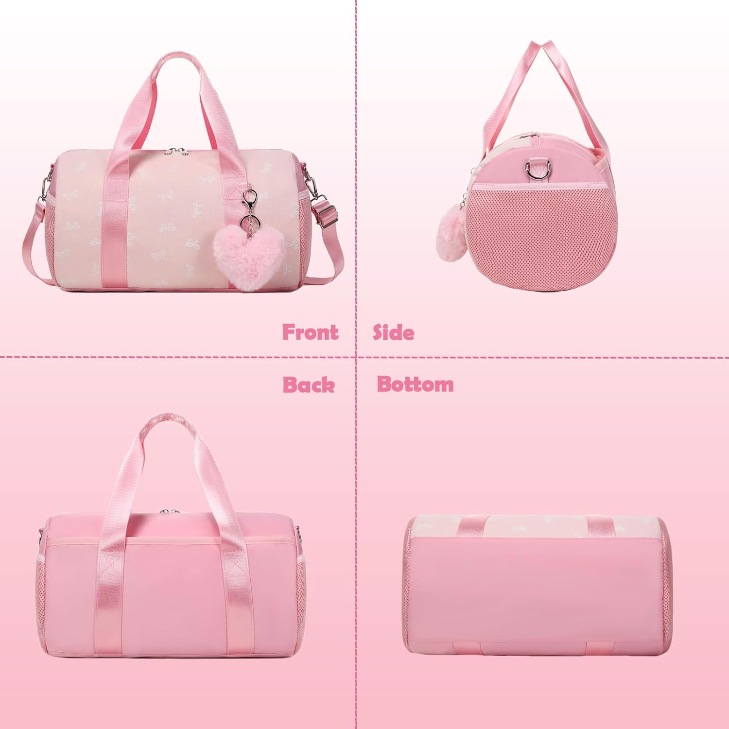 Kimwadalh Pink Bow Ballet Bag for Girls with Plush Pendant, Shiny Girls Dance Bag Glitter Sports Duffle Bag with Shoulder Strap and Waterproof Wet Pocket - Image 6