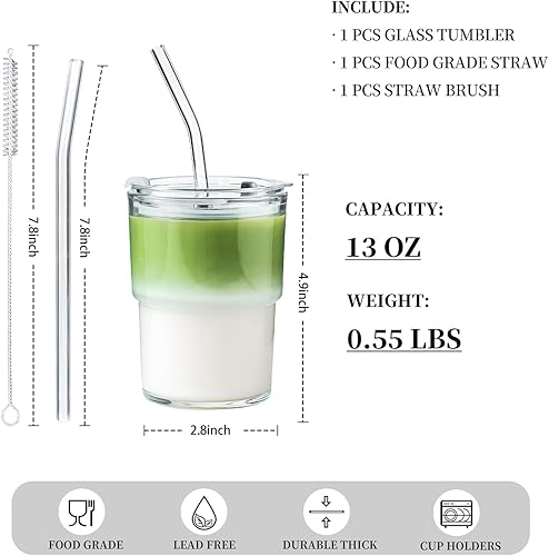 Miniatura 3 de Vaso de vidrio de 13 onzas con popote y tapa, vaso reutilizable para café helado, bonitas tazas de vidrio para agua, matcha, tazas de café de viaje