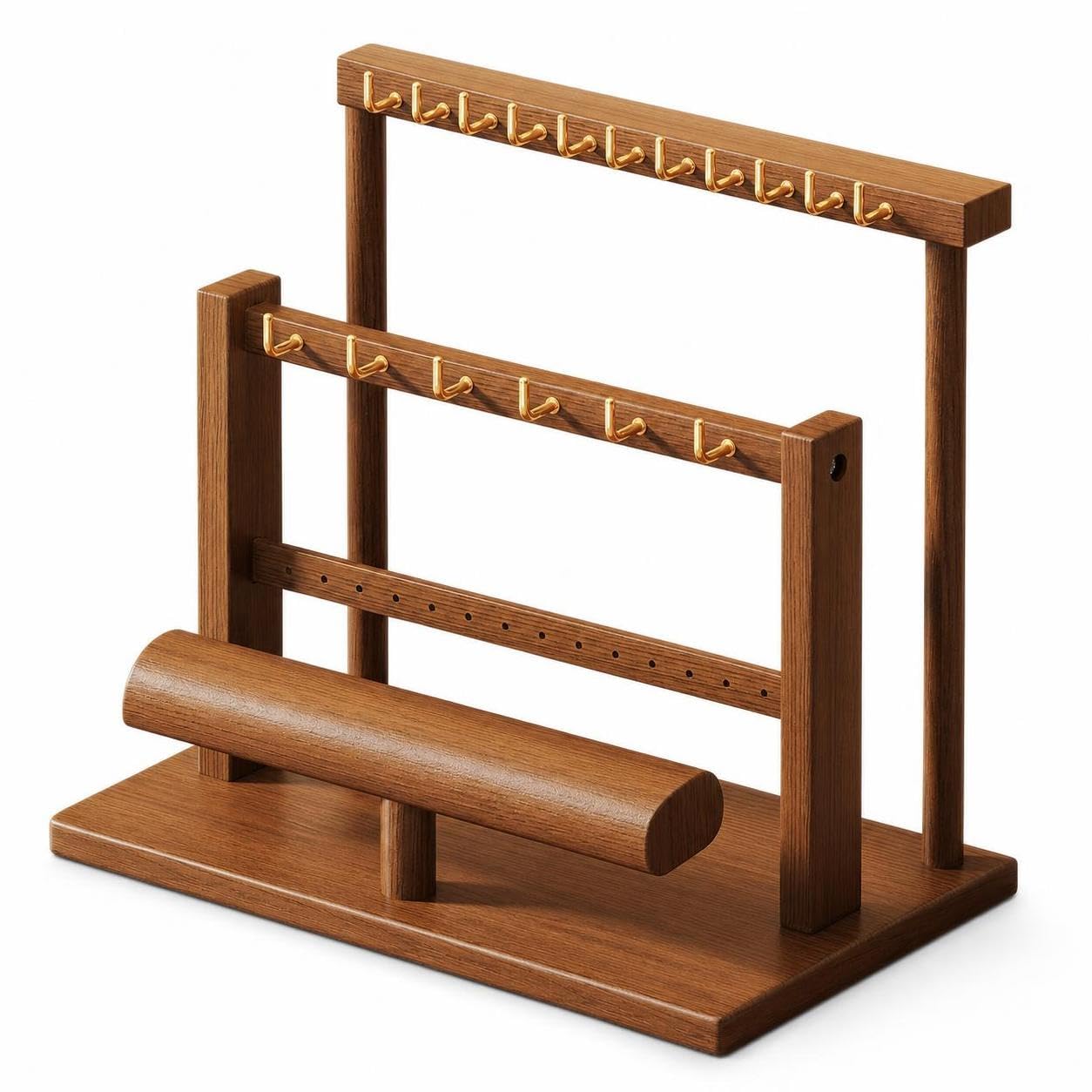 TISHITA Support à Bijoux Table avec ux Tiges Suspendues et Plateau Intégré pour Rangement sans Encombrement sur Comptoir, Noyer, deux barres, Grand, 35x20x25.3cm