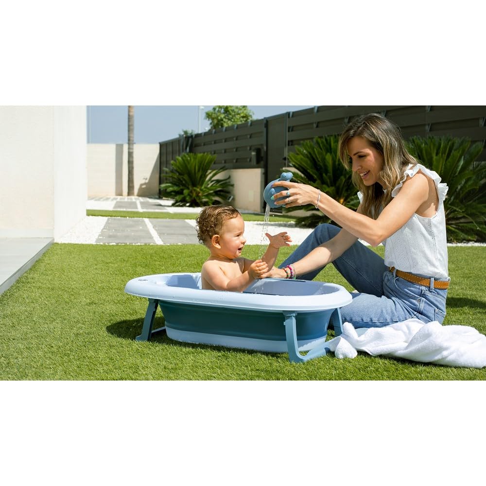 Składana wanna dla niemowląt Interbaby 80x47x21 cm | Składana wanna dla niemowląt z kubkiem do płukania, antypoślizgowa, szczelna nasadka | przenośna, łatwa do przechowywania, wygodna, niebieska
