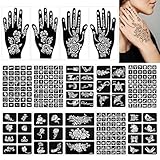 alwaiiz Lot de 245 pochoirs au henné, 14 feuilles de tatouage temporaire au henné, pochoirs à paillettes pour le visage, les mains, les pieds et le dos