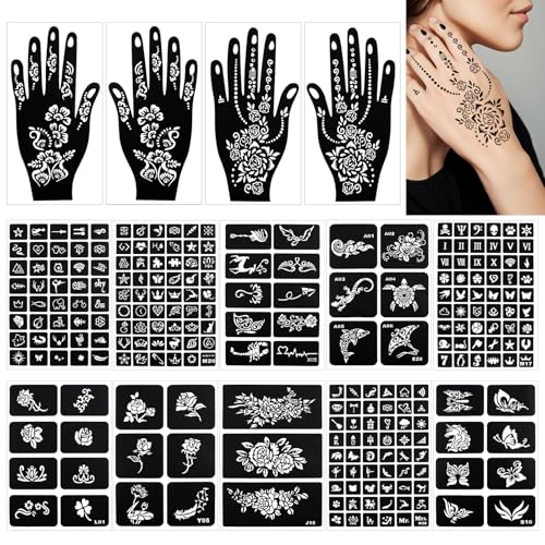 alwaiiz Lot de 245 pochoirs au henné, 14 feuilles de tatouage temporaire au henné, pochoirs à paillettes pour le visage, les mains, les pieds et le dos