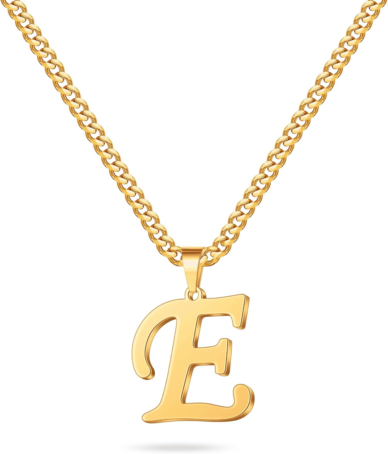 LUXEJEW Valentines Day Gifts for Him - Stainless Steel A-Z Initial Necklaces for Men Boys, Gold/Silver Cuban Link Chain Letter Pendant Necklace Jewelry Gifts 20+2 Inches