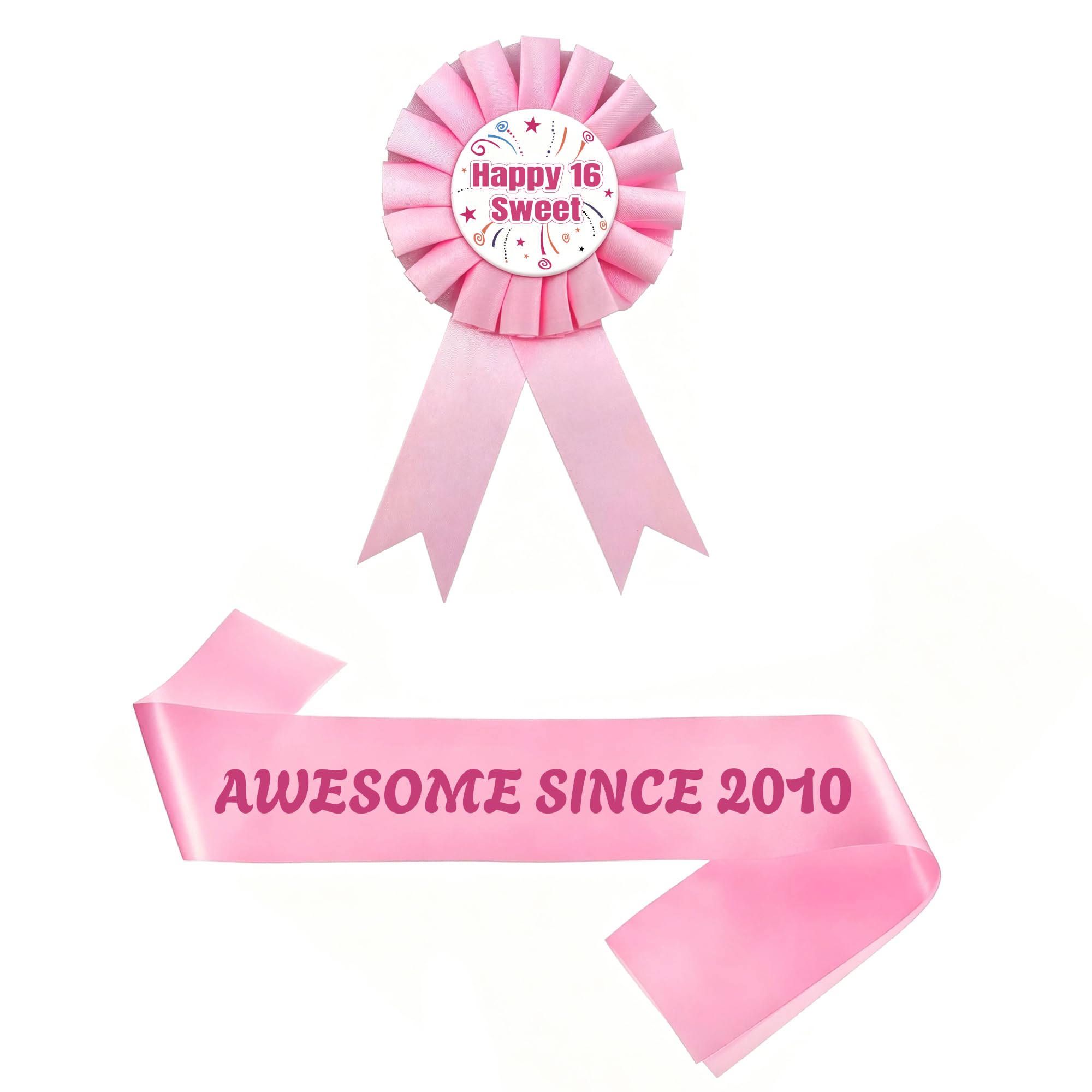16th Birthday Sash Badge Kit - 2 Pcs Pink Awesome Since 2010 Birthday Sash Happy 16 Sweet Award Ribbon Badge for Girls Sweet 16 Year Old Birthday Decorations Supplies and Party Gifts