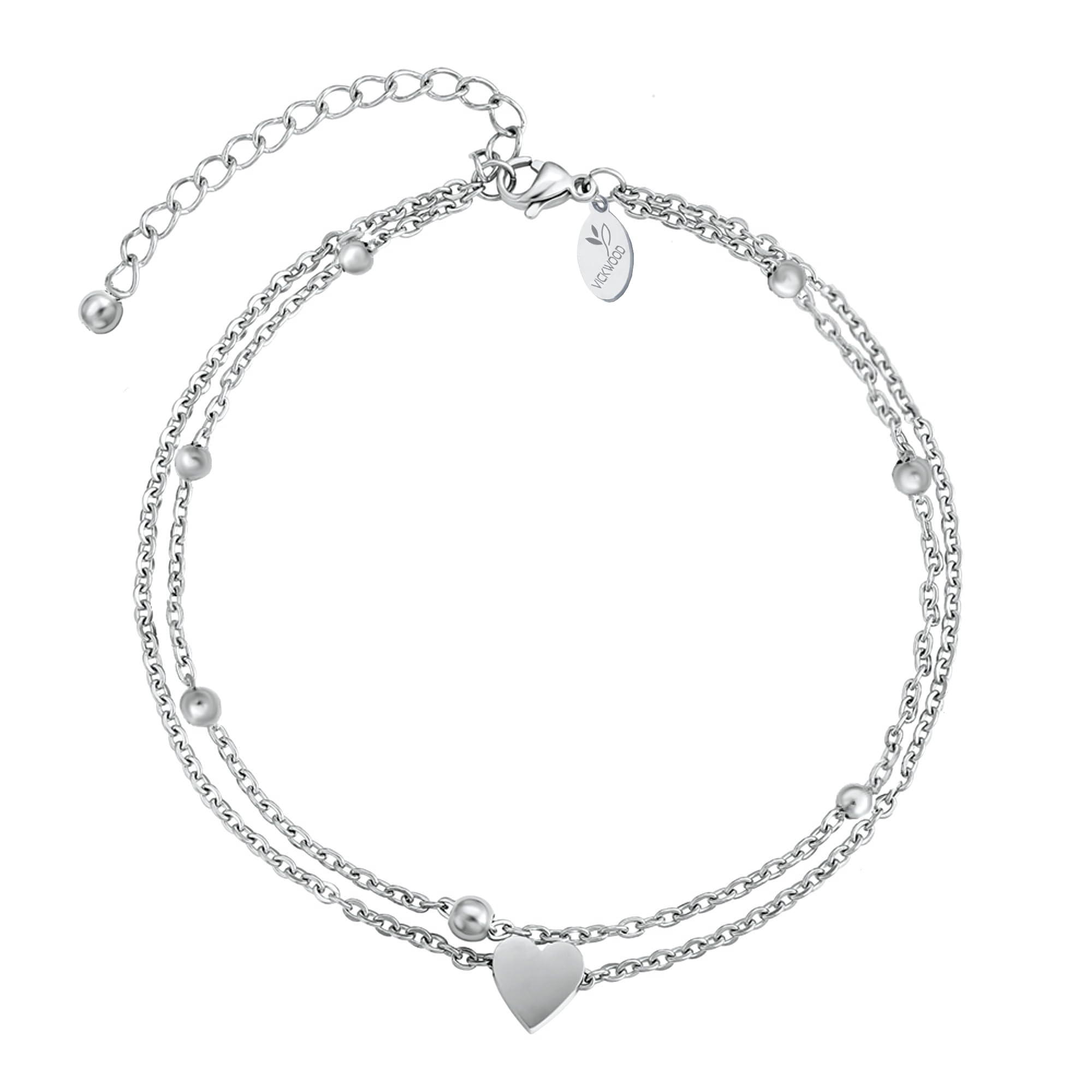 Bracelet de cheville pour femme en acier inoxydable - Étanche - Extra long - 21 cm à 30 cm - Plaqué or 18 carats - Avec cœur - Doré/or rose/argent/noir - Cadeau pour femme