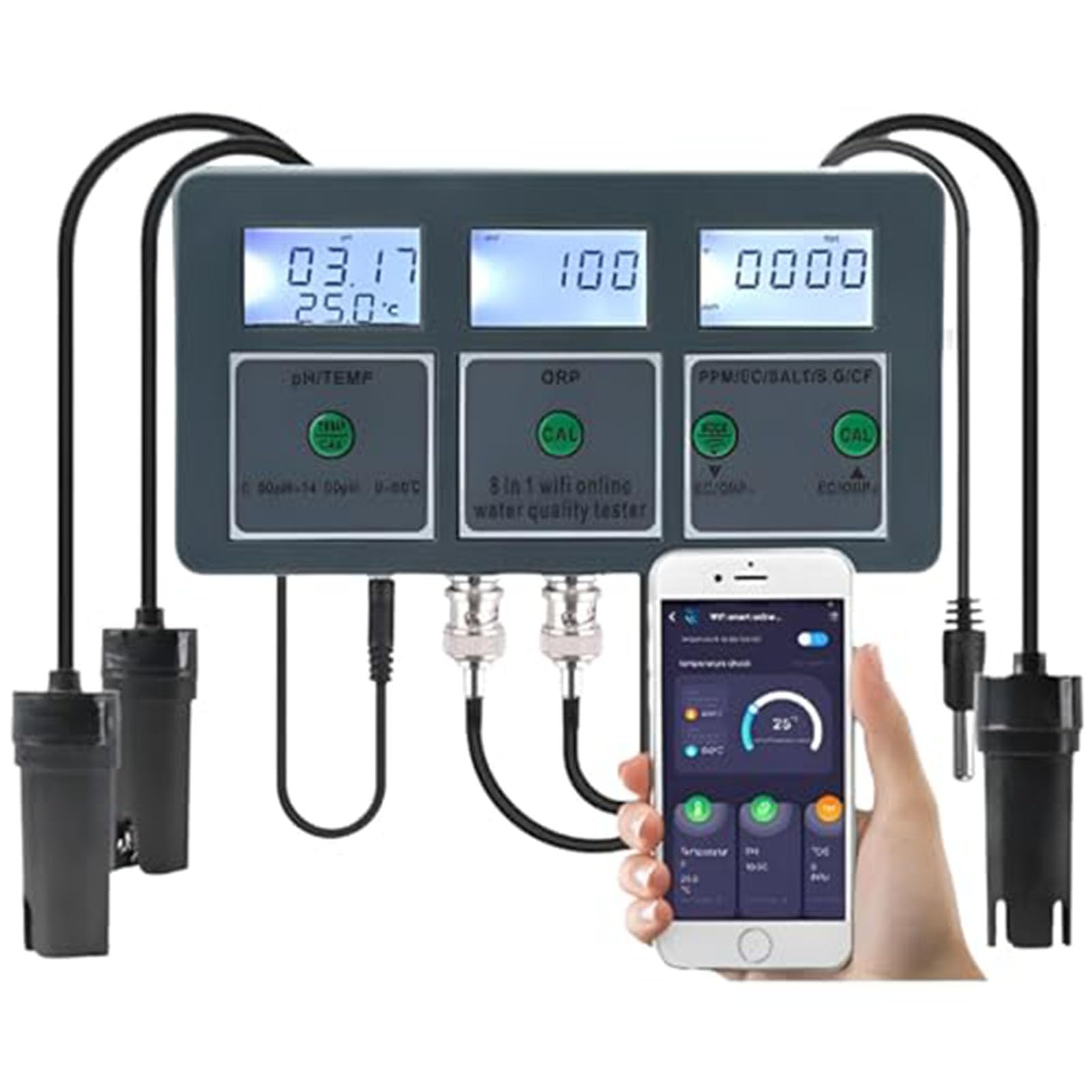 8-in-1 Wasserqualitätstester, Multi-Parameter-Wasseranalysator, WiFi 8-in-1 Wasserqualitätstester, Smart PH ORP TDS EC Salt S. G Temp CF Aquarium Wasserqualitätstester Datenlogger