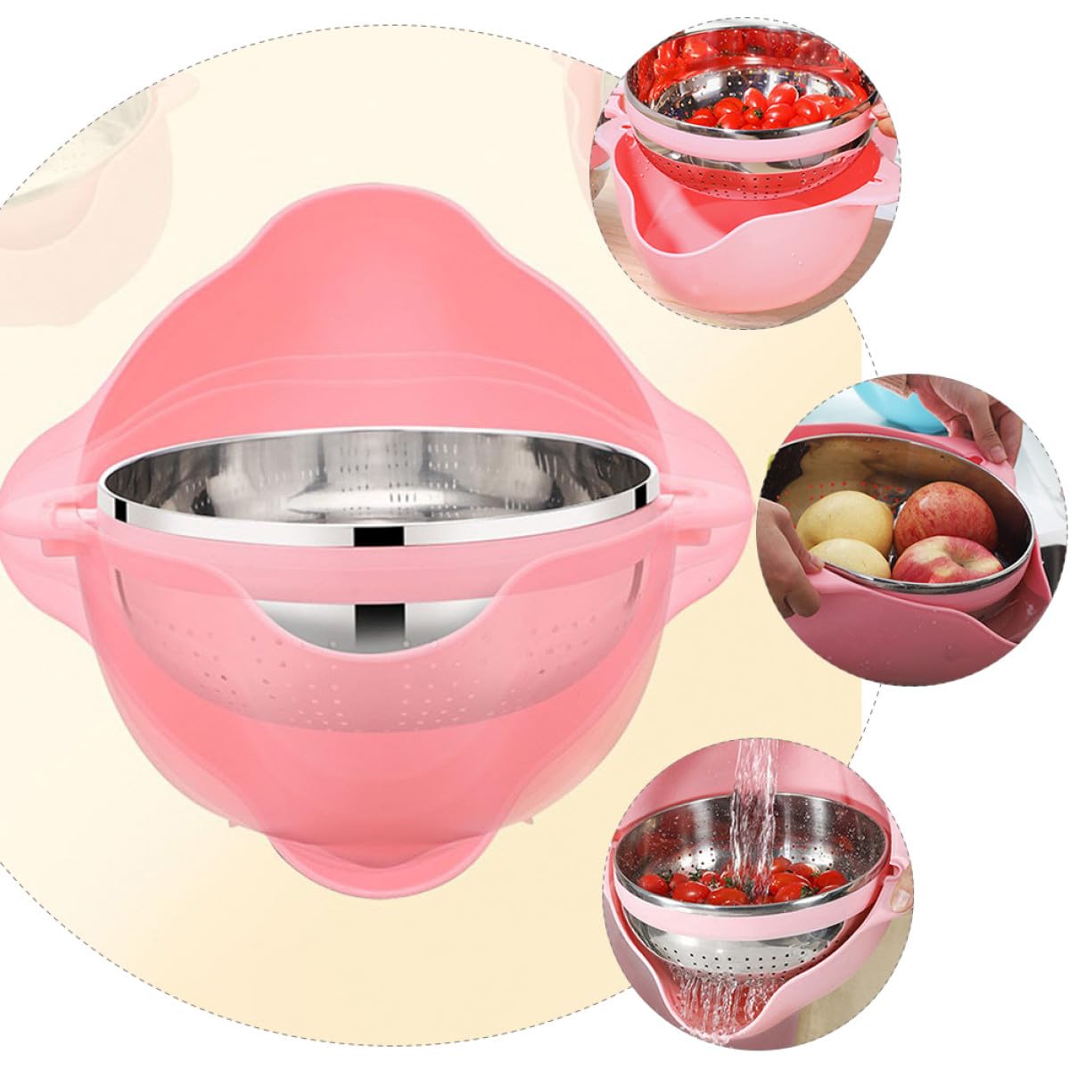 Baluue Verdicktes und Edelstahl mit Großem Fassungsvermögen Reiswaschsieb Doppeltem Design Praktisches Küchensieb in Rosa mit Rutschfesten Füßen für Spülbecken