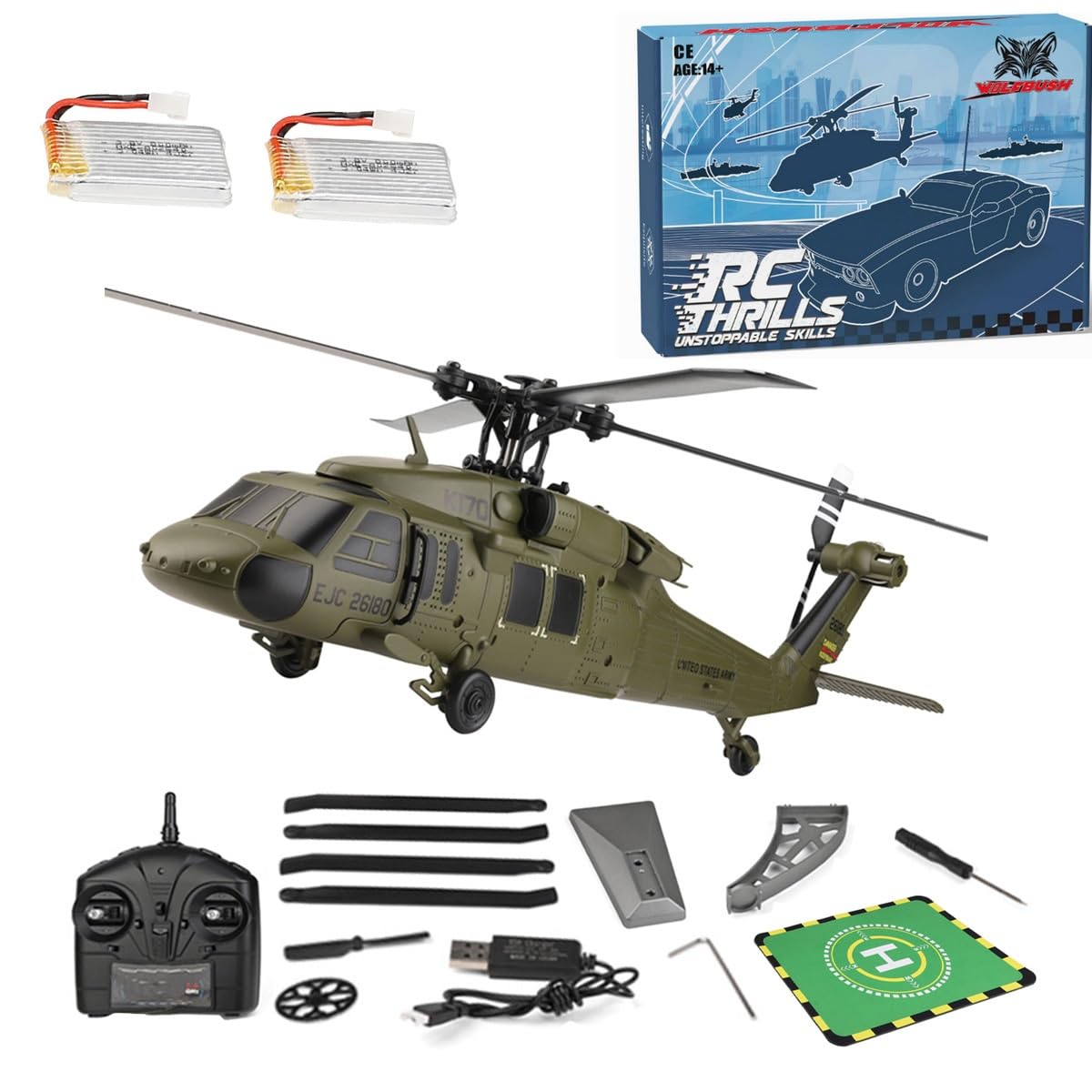 KAROYD RC Helicopter Model, Wltoys K170 BK Hawk UH-60L 170 Size 4CH Flybarless Helicopter with Adjustable Left and Right Hand Throttle (RTF Version)