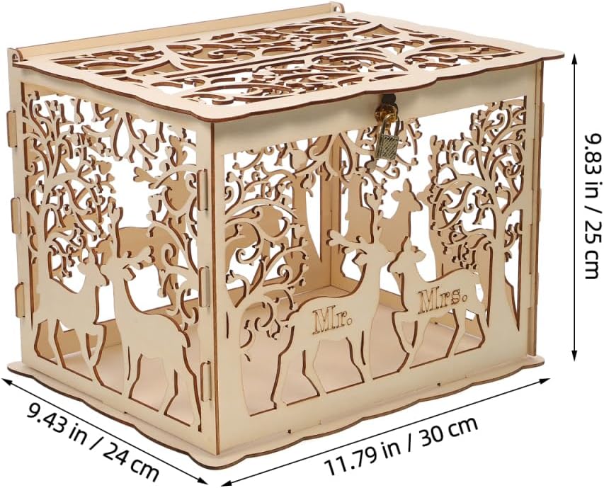 Amosfun Wedding Card Box with Lock Hollow Design Wooden Box Wedding Anniversary Party Party Reception Decorations Table Centerpieces