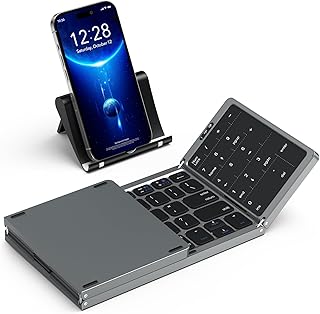 Trueque Foldable Keyboard, Portable Multi-Device Wireless Bluetooth Keyboard with Touchpad & Number Pad, Rechargeable Travel Folding Keyboard with Stand Holder for Tablet Phone Laptop