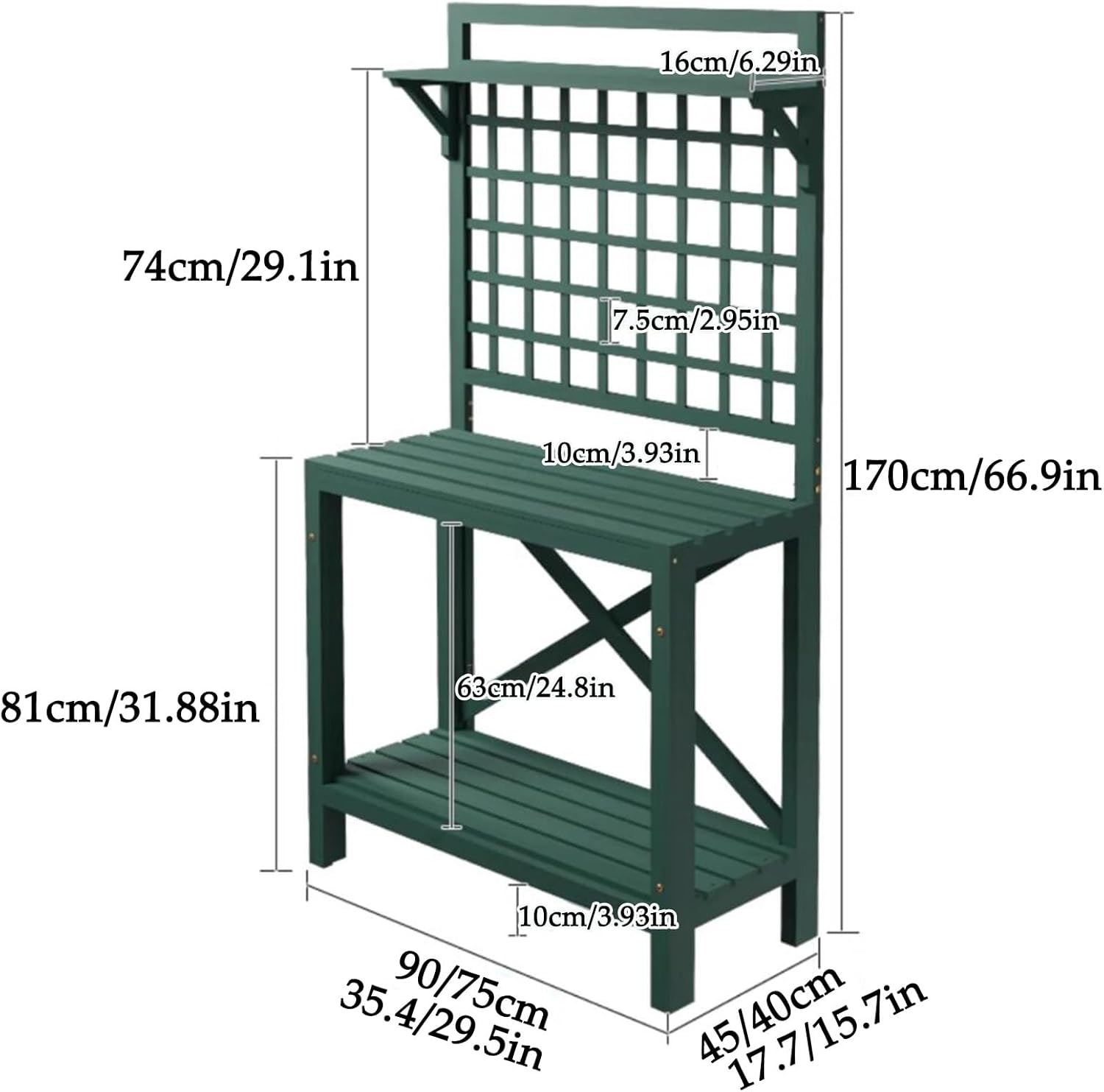 Potting Bench Table,Outdoor Potting Benches,Wooden Garden Workbench with Storage Shelves, Hooks & Solid Wood Frame for Patio, Porch, Balcony Use(Dark Green,75x40x170cm)
