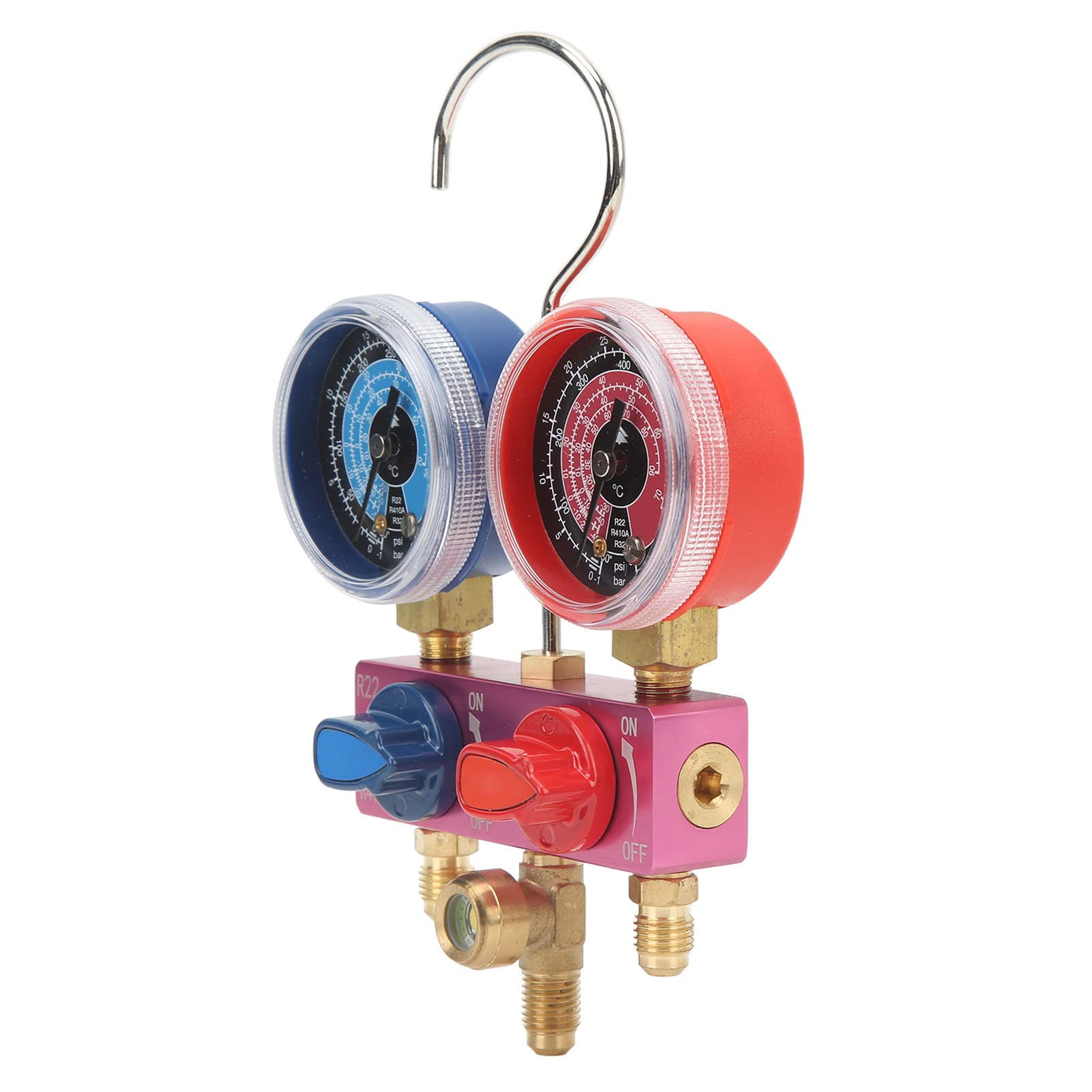 Manómetro de Colector, Mini Manómetro de Refrigerante de Fluoruro para Refrigerante R22, R32, R410A, Herramienta de Aire Acondicionado con Perilla de Metal G1/4, Desmontable para