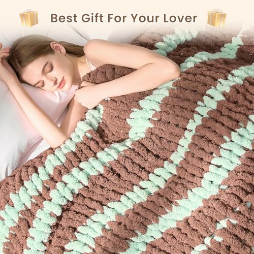 Image of L'AGRATY Chunky Knit Throw Blanket for Couch, 50 x 60 Inches, Brown Green