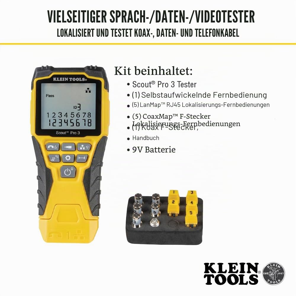 Klein Tools VDV501-851 | Scout® Pro 3 Kabeltester Kit | Ethernet Tester mit Remote-Identifikation | Für RJ45, RJ11, Koax | Inkl. Kabeladapter & 5 Remote-Einheiten | Netzwerktest & Fehlerdiagnose