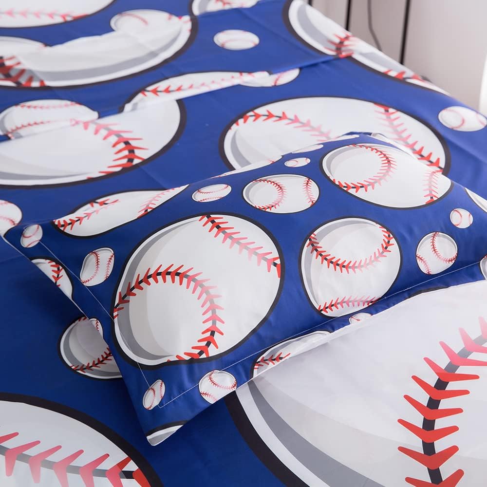 ADASMILE A & S Baseball Sheets Medium for Boys Kids Sports Sheet for Teens Baseball Bedding Set 3D Blue Ball Game Printed Bed Sheet with Pillowcase Soft Microfiber All Season Room Decor