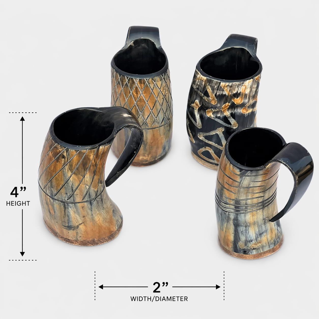 Set of 4 Viking Drinking Horn Mugs Handcrafted Natural Ox Horn Tankards with Wooden Base Food-Grade Mead Ale Beer Cups Norse Decor & Gift