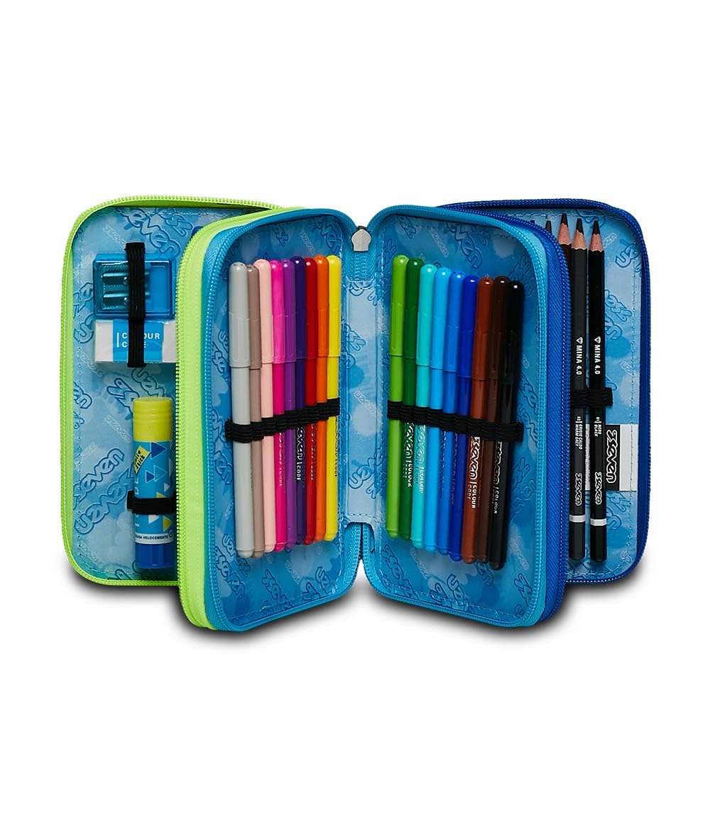 Seven Astuccio 3 Zip, STRING BOY, Attrezzato con Matite, Pennarelli Ecc. - Blu - Scuola & Tempo Libero