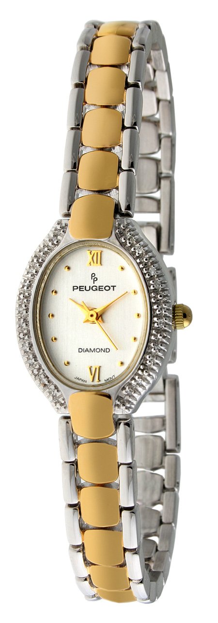 PeugeotWomen Oval Dial Watch -Two-Tone, 10c Diamond Bezel and Jewelery Style Self Adjustable Bracelet, Quartz Movement