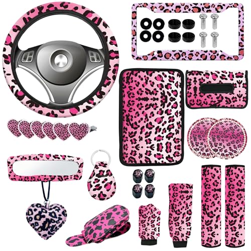 JINGSEN 24 Pcs Leopard Print Car Accessories,Including License Plate Frame,Rearview