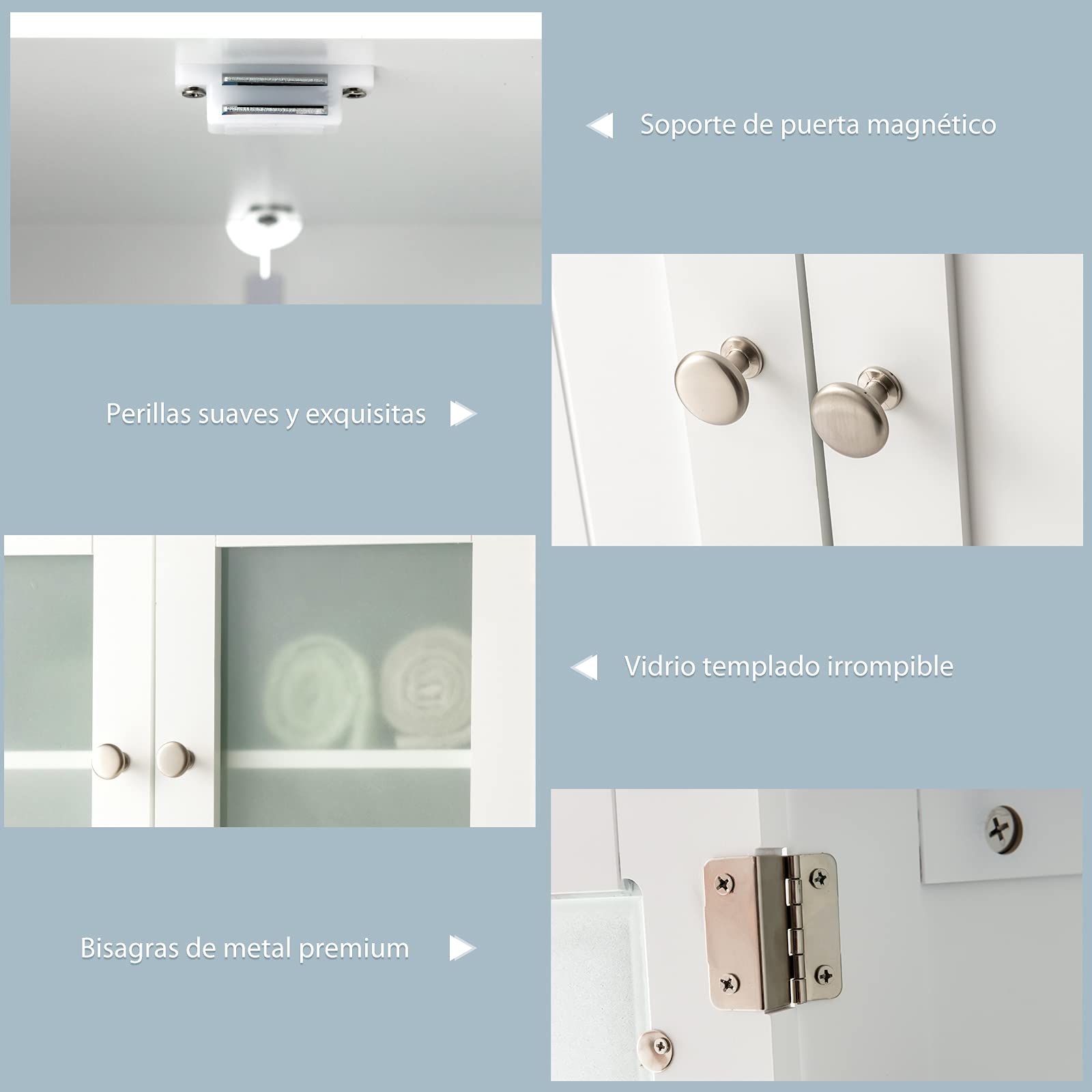 COSTWAY Armario del Baño con 4 Puertas, Armario con Puertas de Vidrio, Despenda de Madera para Cocina con Repisas Regulables, Organizador Multiuso para Casa Salón Oficina