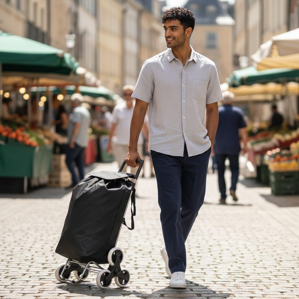Carro de la Compra Plegable para Subir Escalerascon, Carrito del Mercado 6 Ruedas, Bolsa Impermeable de 44L litros (Negro)