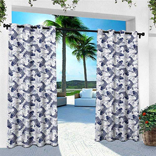 leinuoyi Fish, Outdoor Curtain Extra Wide, Japanese Carp Koi with Wave Patterned Background Ancestral Animals Asian Culture, for Patio Furniture W120 x L108 Inch Dark Blue White