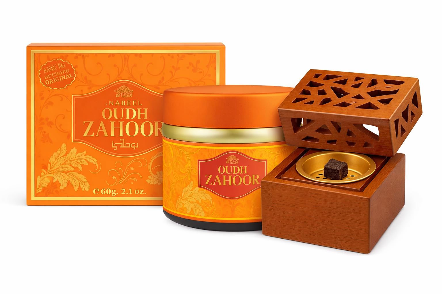Nabeel Zahoor Oudh Bakhoor Incense Chips 60g with Resin Bakhoor Burner, Aromatic Home Fragrance, Warm Floral Woody Scent