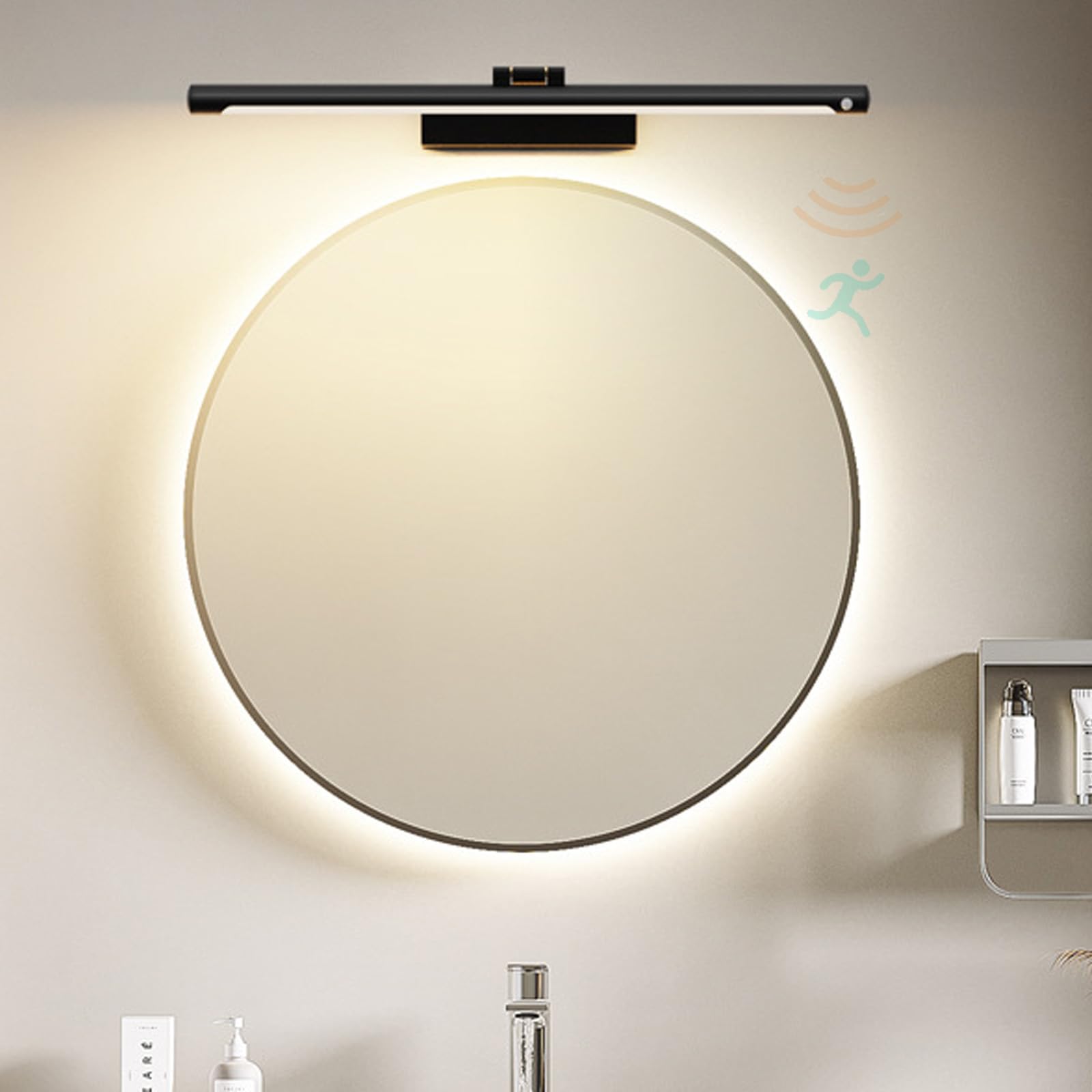 LED Lámpara de Espejo Baño Giratorio Apliques de Pared con Sensor de Movimiento Moderno Iluminación de Pared con Interruptor Cuadros Maquillaje Sala de Estar Dormitorio (Negro Luz Blanca,60cm)