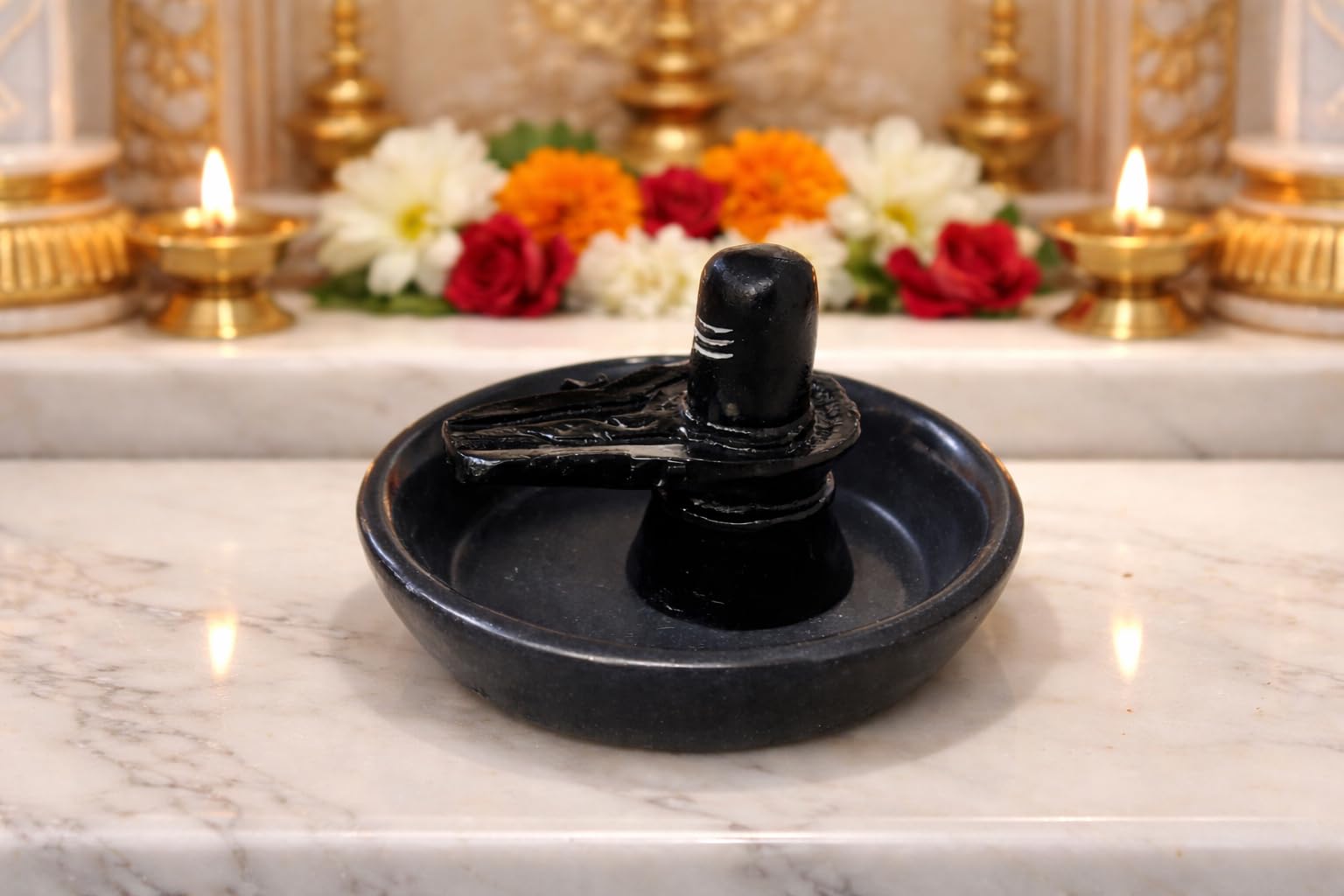 Marble Resin Shivling with Jaladhari Bowl - Shiva Idol -2 Marble Resin Shivling with Jaladhari Bowl - Shiva Idol -2