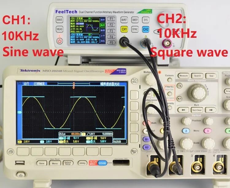 Oscilloscope display showing 10KHz sine wave on CH1 and 10KHz square wave on CH2 from the FY6600.