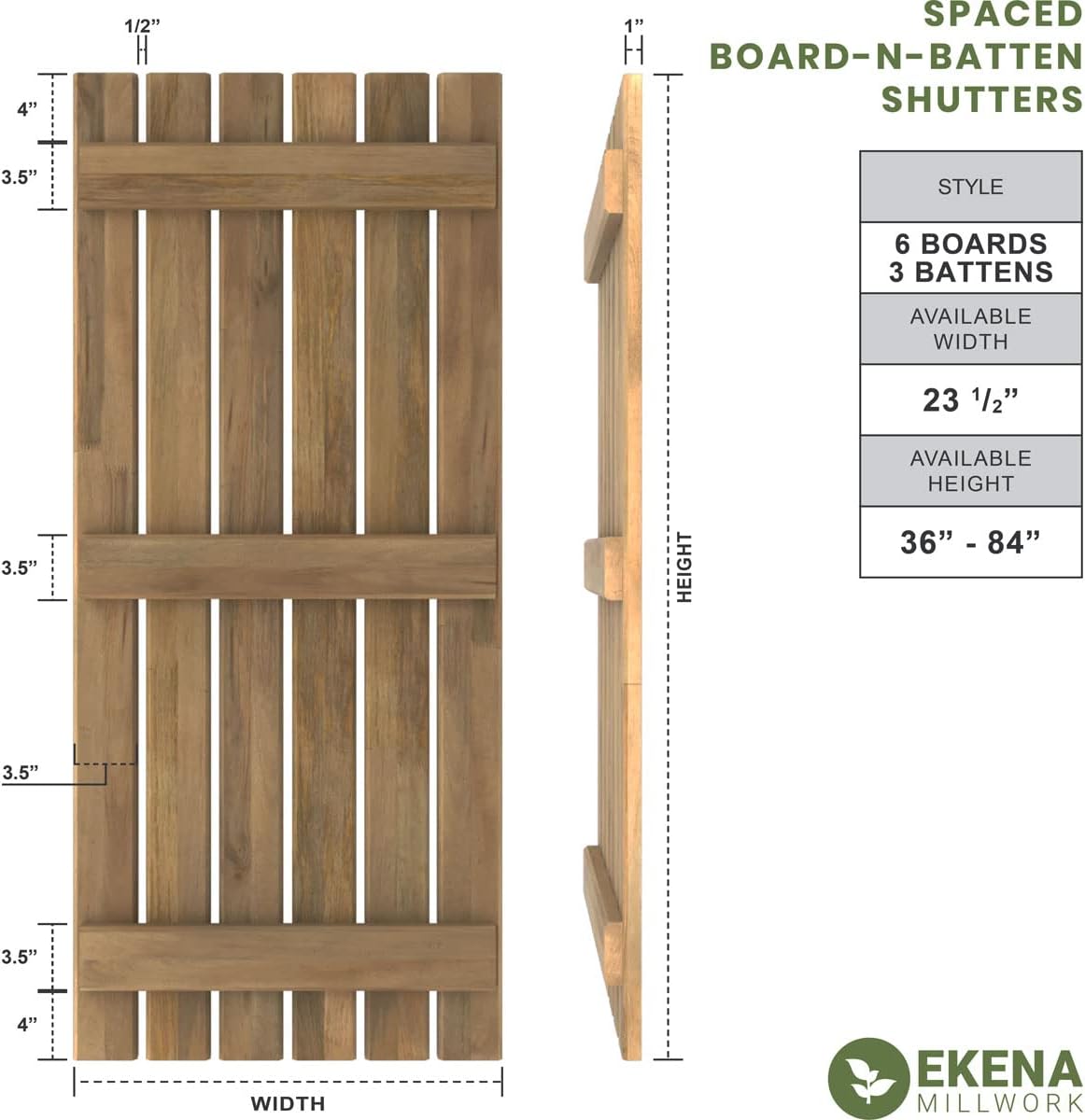 Ekena Millwork ARW401SB623X80BTH Americraft Six 3 Exterior Real Wood Spaced Board-n-Batten Shutters (Per Pair), Burnt Toffee