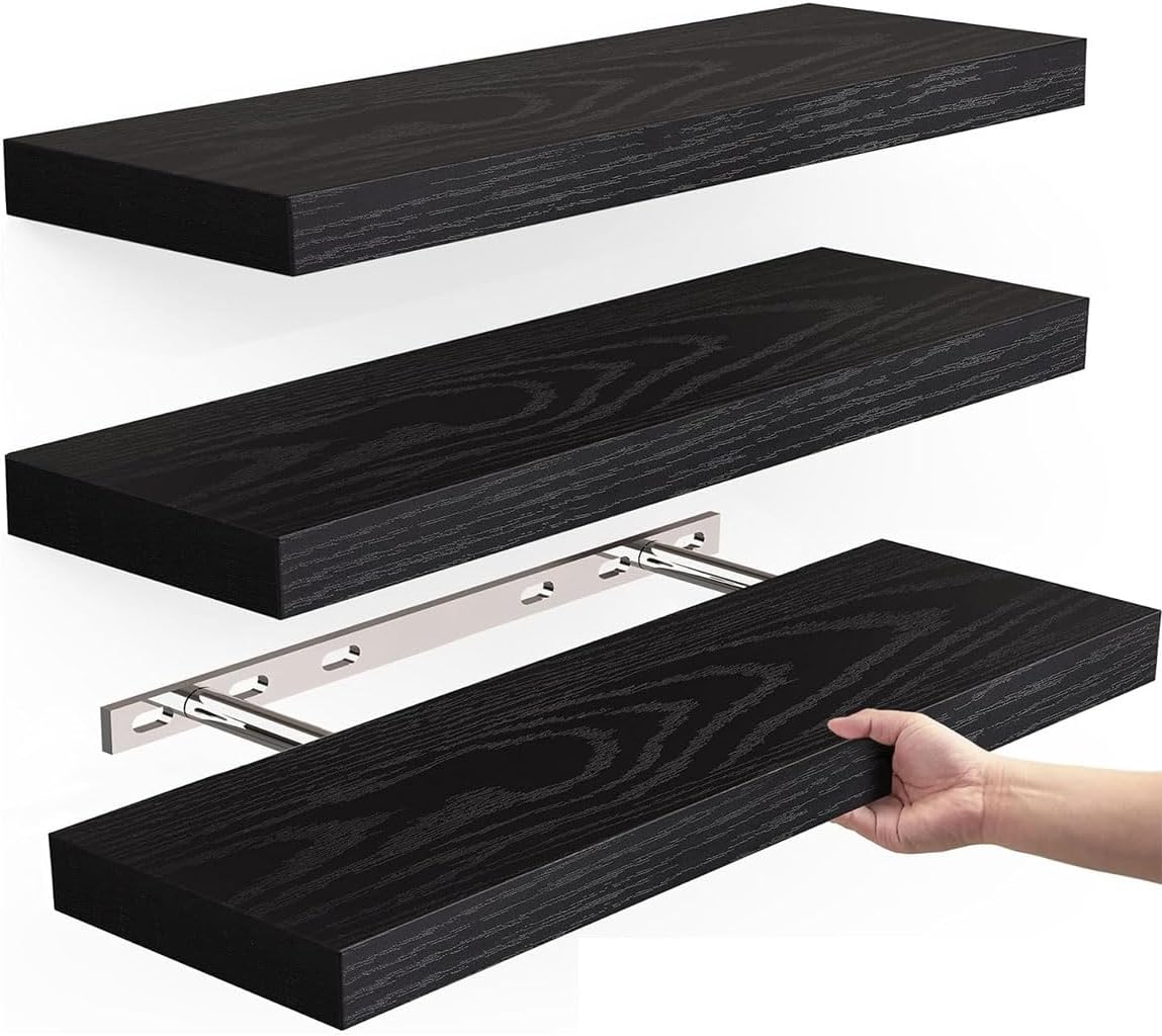 Liu Ying Floating Shelf for Wall - Eco-Friendly Decorative Wooden Wall Mounting Rack, 16 Inches for Bathroom Bookshelf, Kitchen Shelf, and Small Space Bookshelf (Set of 1 in Brown/White/Black) (black)