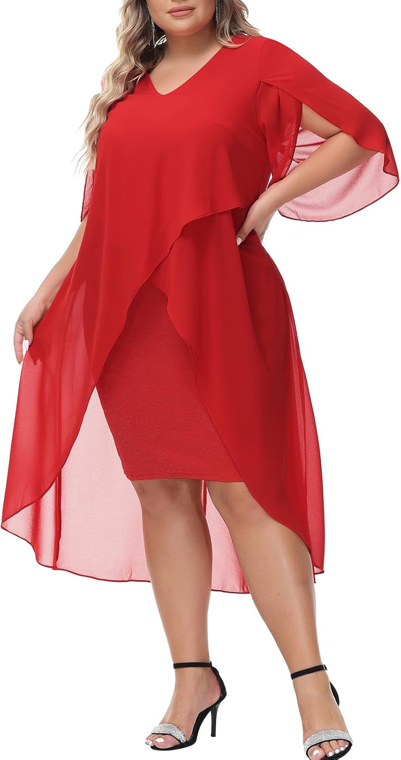 Hanna Nikole Womens Plus Size Chiffon Cocktail Dress Ruffle 3/4 Sleeve Wedding Guest Party Dresses with High Low Hem