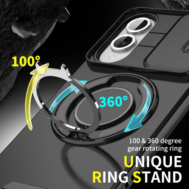Image of LuxuryKase Shockproof Rugged Case for Samsung Galaxy S25 Edge | Slide Camera Cover | 360 Rotating Ring Kickstand | Military-Grade Protection - Matte Black