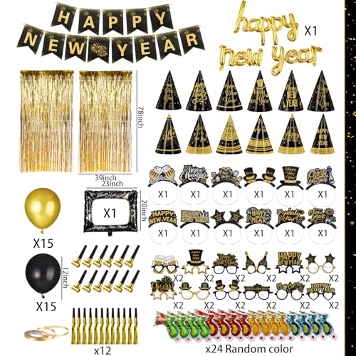 Harrycle 136 Pcs New Years Eve Party Supplies Kit New Year\'s Eve Party Supply Include Hats Glasses Headbands Blowouts Balloons Inflatable Fireworks Gun Banner for 2026 Holiday Celebration Decor - Thumbnail 4