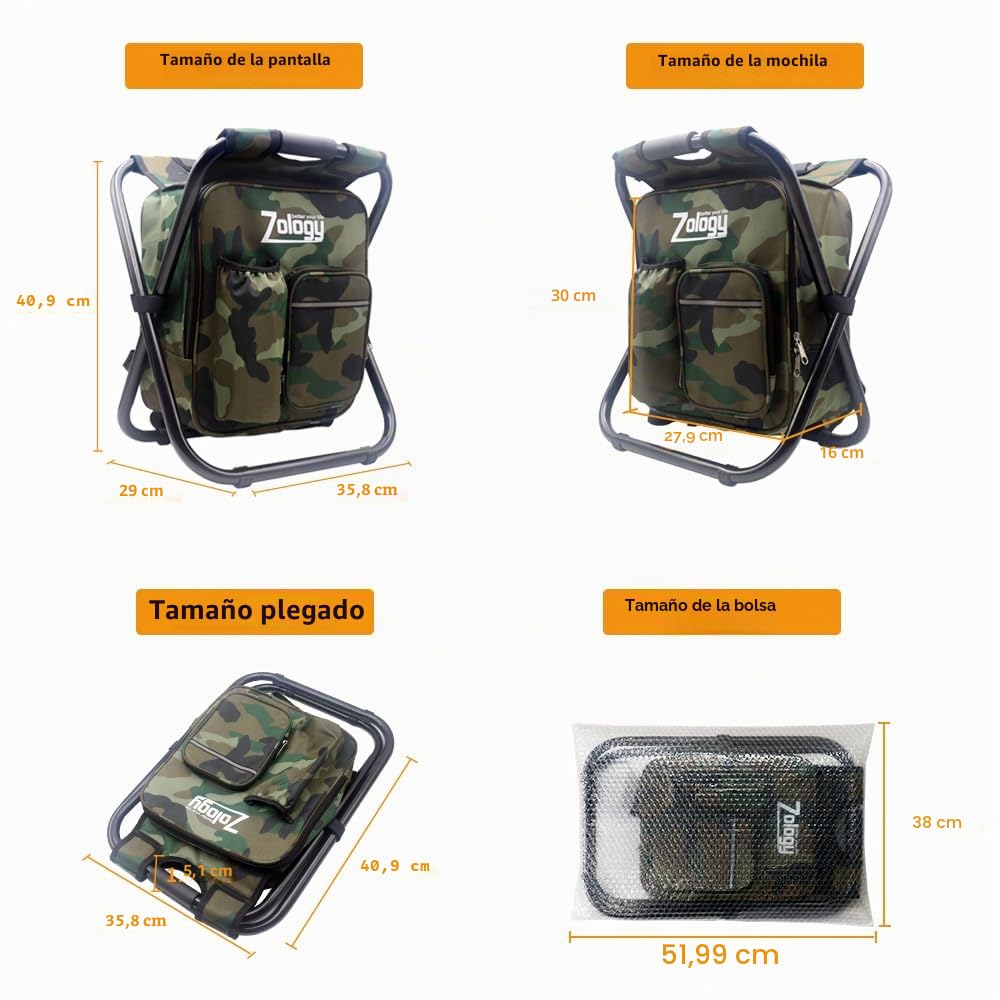 Silla Plegable Acampa Taburete Mochila con Refrigerador Bolsa de Picnic, Camuflaje Portátil Senderismo Bolsa de Tabla de Asiento para Pesca de Aire Libre Recorrido Playa Barbacoa