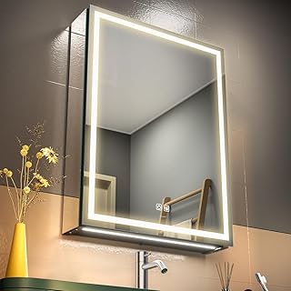 GANPE LED Beleuchtetes Badezimmer Medizin Spiegel Schrank, Defog, Stufenloses Dimmen, Speicher 3-Farben Modus, Speicher Regale, Steckdosen & USBs (Rechtes Scharnier, 50 x 70 cm)