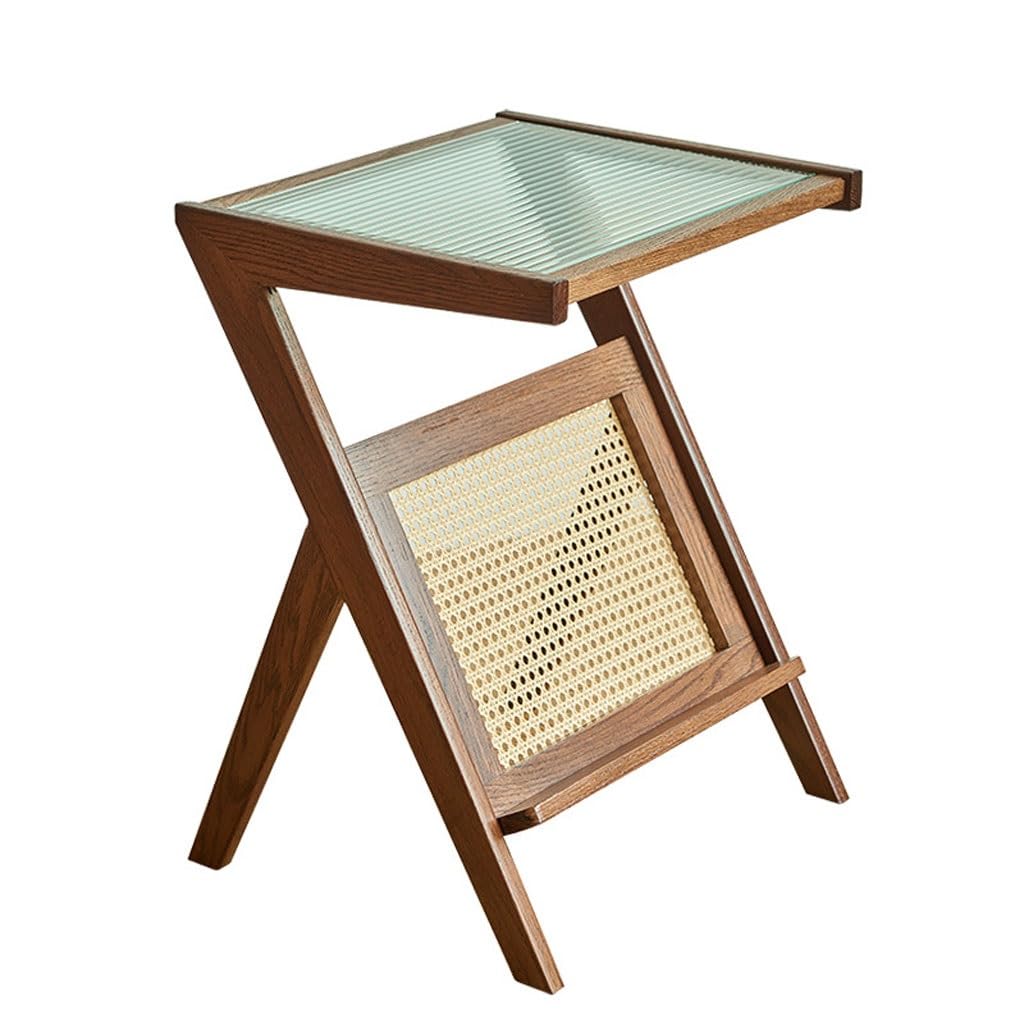 Table basse en rotin design bout de canapé en bois massif et verre transparent