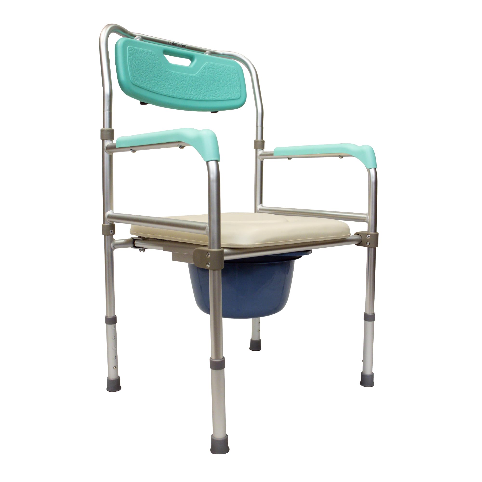 Rehamo Comy WBA Bedside Commode - Soft Seat, Folding Aluminum Frame, Armrest & Backrest, Removable Bin with Lid | Easy to Clean, Water-Resistant | Men & Women, Adults, Patients