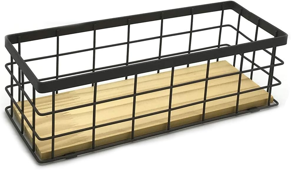 JOYJOO Metal Storage Basket with Wood Base, Decorative Baskets for Home Storage, Wire Basket for Organizing Small Tableware Black